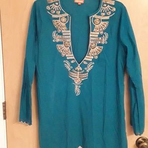 Boho Blue Gold Emrboidered Tribal Top Santoori M